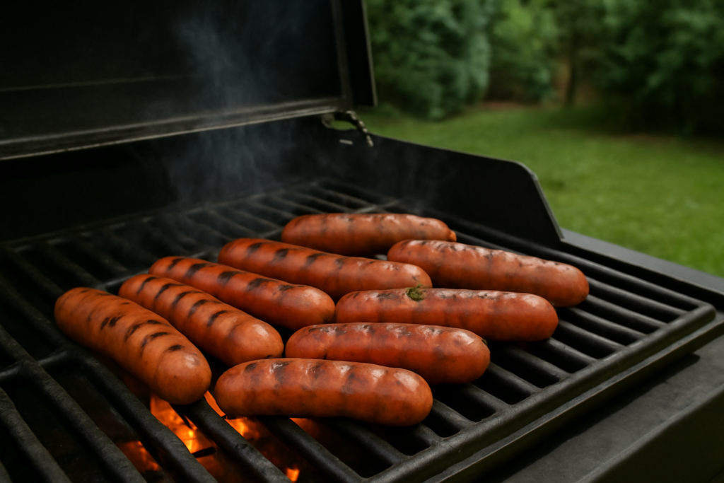 Bratwürste liegen auf dem Grill